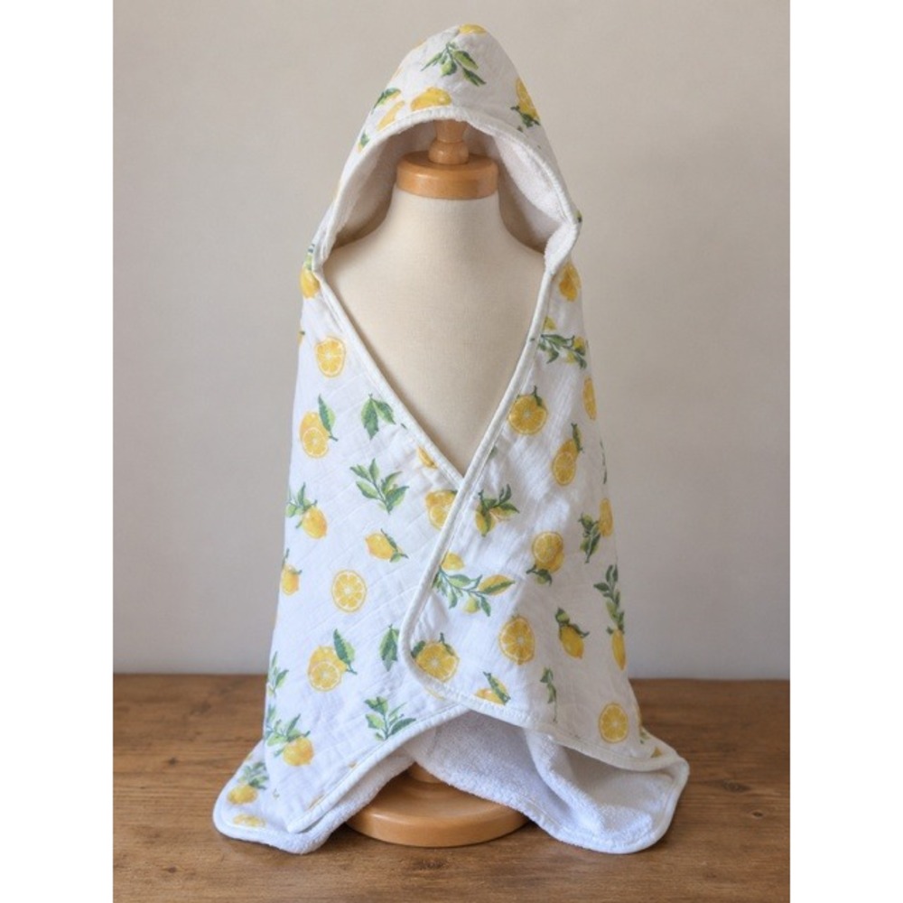 Bambi Bamboo Hooded Baby Towel Lemon Citrus Print White Muslin Terry Cloth